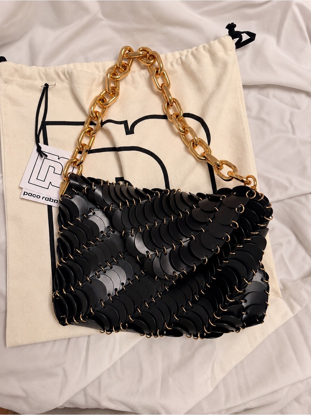 Paco Rabanne Black Disc-Leather Shoulder Bag with Gold Hardware